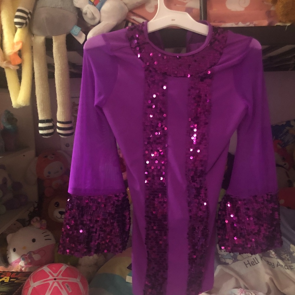 Girls Purple Sequin Flare-Sleeve Costume Dress